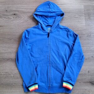 Primary Blue Rainbow Stripe Sleeve Zip Up Hoodie Kids Size 12 Cotton Blend